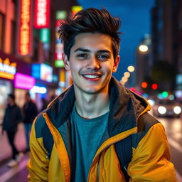 A stylish young man with a confident demeanor, featuring sharp facial features and a charming smile