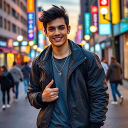 A stylish young man with a confident demeanor, featuring sharp facial features and a charming smile