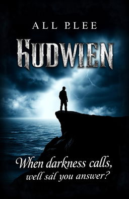 A dramatic book cover design featuring a mysterious silhouette standing on a rocky cliff overlooking a stormy sea under a dark, ominous sky