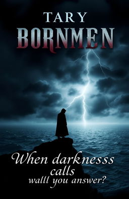 A dramatic book cover design featuring a mysterious silhouette standing on a rocky cliff overlooking a stormy sea under a dark, ominous sky