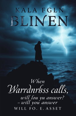 A dramatic book cover design featuring a mysterious silhouette standing on a rocky cliff overlooking a stormy sea under a dark, ominous sky