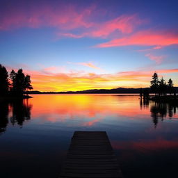 A beautiful sunset over a calm lake, with vivid orange and pink hues reflecting on the water's surface