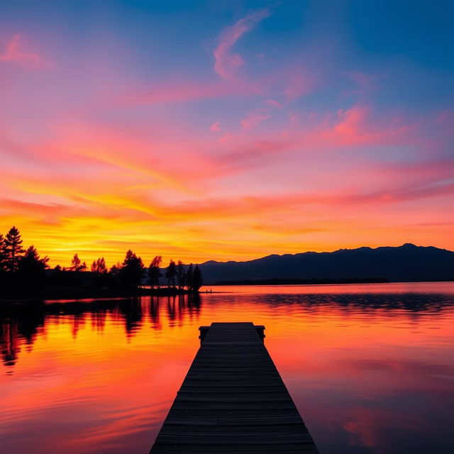 A beautiful sunset over a calm lake, with vivid orange and pink hues reflecting on the water's surface