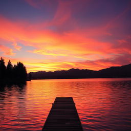 A beautiful sunset over a calm lake, with vivid orange and pink hues reflecting on the water's surface