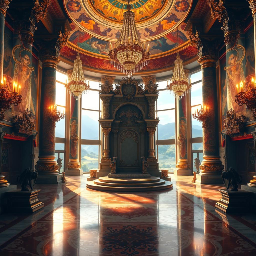 A majestic royal throne room filled with opulent decorations and grand architecture, featuring a large, intricately designed throne at the center