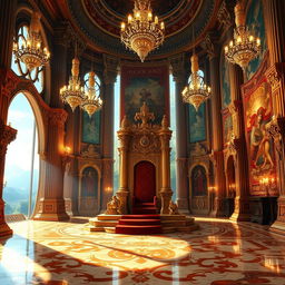 A majestic royal throne room filled with opulent decorations and grand architecture, featuring a large, intricately designed throne at the center