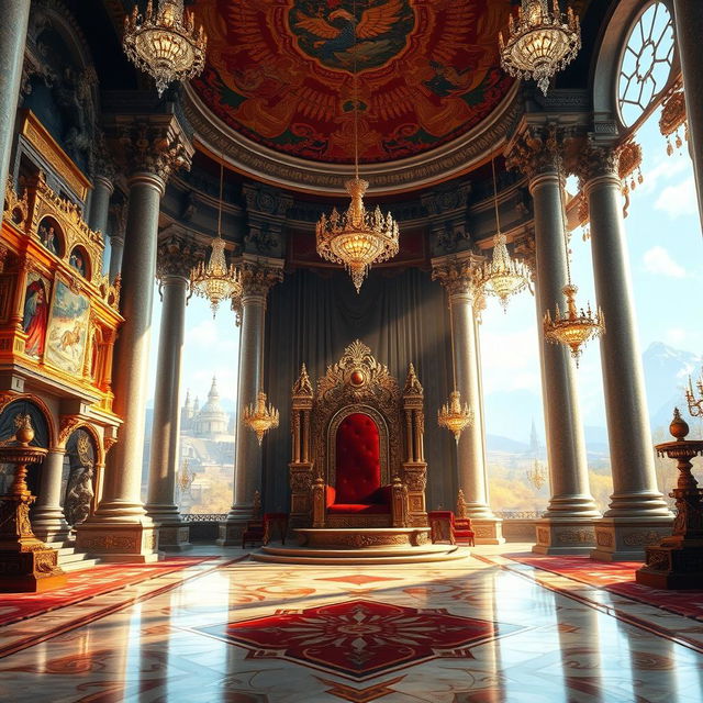 A majestic royal throne room filled with opulent decorations and grand architecture, featuring a large, intricately designed throne at the center