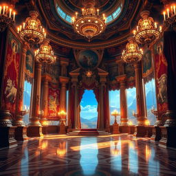 A majestic royal throne room filled with opulent decorations and grand architecture, featuring a large, intricately designed throne at the center
