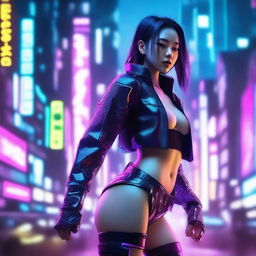 A young Korean girl with beautifully detailed cyberpunk enhancements, striking a dynamic pose against the backdrop of a neon-lit futuristic Seoul cityscape