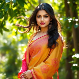 A stunning portrait of an Indian girl wearing a vibrant, intricately designed saree and blouse, showcasing her navel