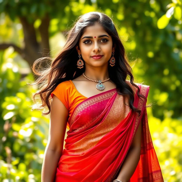 A stunning portrait of an Indian girl wearing a vibrant, intricately designed saree and blouse, showcasing her navel