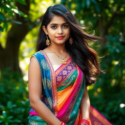 A stunning portrait of an Indian girl wearing a vibrant, intricately designed saree and blouse, showcasing her navel