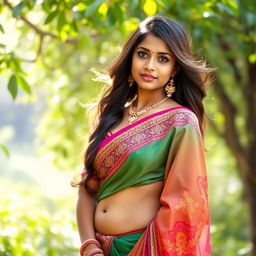 A stunning portrait of an Indian girl wearing a vibrant, intricately designed saree and blouse, showcasing her navel