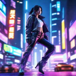 A young Korean girl with beautifully detailed cyberpunk enhancements, striking a dynamic pose against the backdrop of a neon-lit futuristic Seoul cityscape