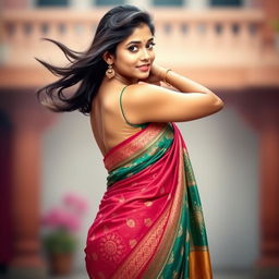 An Indian girl gracefully posing in a traditional saree with a stylish blouse, showcasing intricate patterns and vibrant colors