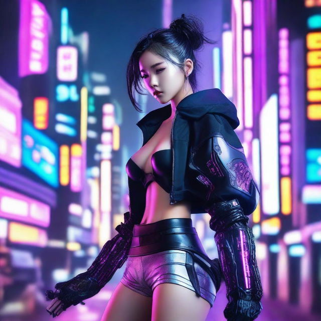 A young Korean girl with beautifully detailed cyberpunk enhancements, striking a dynamic pose against the backdrop of a neon-lit futuristic Seoul cityscape