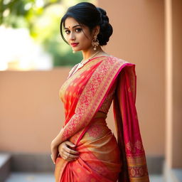 A stunning Indian girl elegantly draped in a vibrant saree, showcasing intricate patterns and textures
