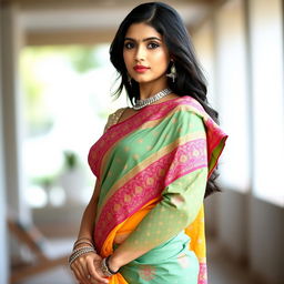 A stunning Indian girl elegantly draped in a vibrant saree, showcasing intricate patterns and textures