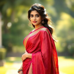 A stunning Indian girl elegantly draped in a vibrant saree, showcasing intricate patterns and textures