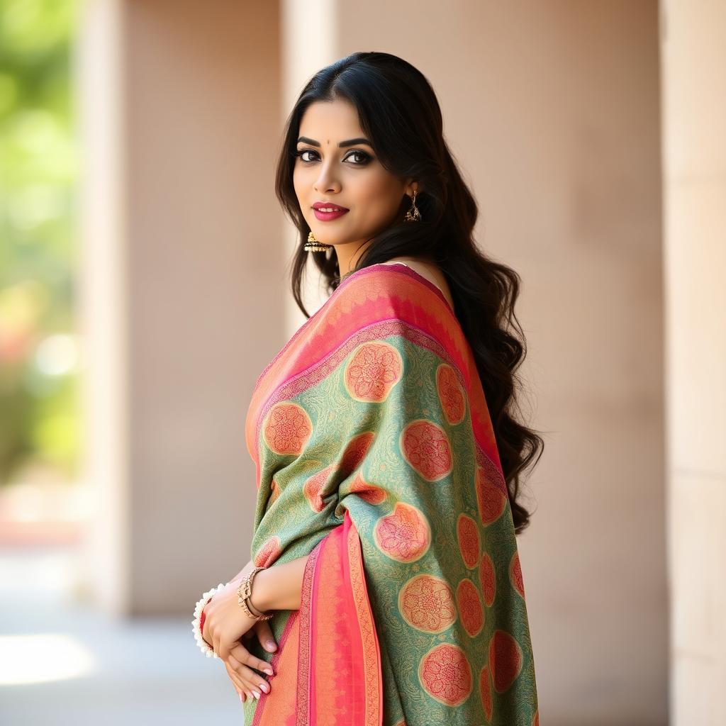 A stunning Indian girl elegantly draped in a vibrant saree, showcasing intricate patterns and textures