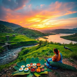 A serene landscape of lush green hills with a flowing river, dotted with small stone bridges and traditional Tamilari houses