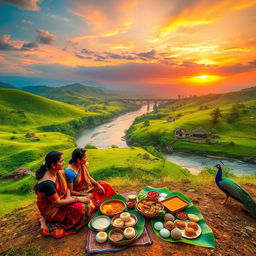 A serene landscape of lush green hills with a flowing river, dotted with small stone bridges and traditional Tamilari houses