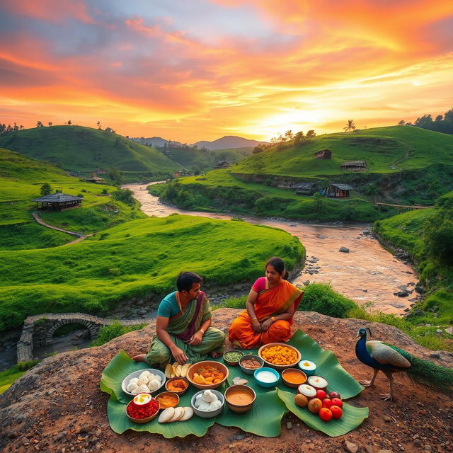 A serene landscape of lush green hills with a flowing river, dotted with small stone bridges and traditional Tamilari houses