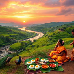 A serene landscape of lush green hills with a flowing river, dotted with small stone bridges and traditional Tamilari houses