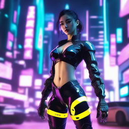 A young Korean girl with beautifully detailed cyberpunk enhancements, striking a dynamic pose against the backdrop of a neon-lit futuristic Seoul cityscape