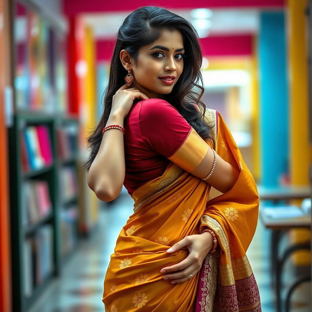 A stunning Indian college girl wearing a beautifully draped saree and an elegant blouse, posing gracefully in a side view