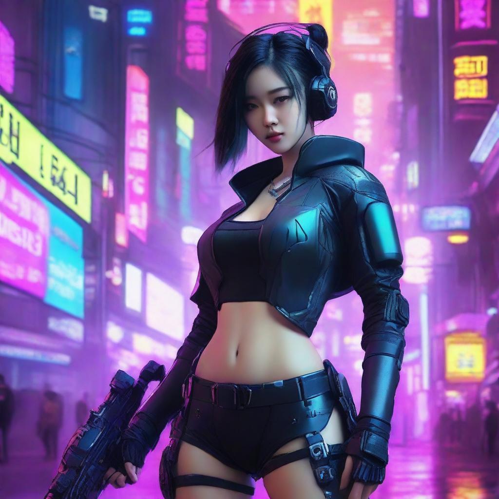 A beautiful Korean girl in sleek, high-tech cyberpunk gear, skillfully engaging in an intense battle amidst the neon-drenched, futuristic landscape of a Cybernetic Seoul