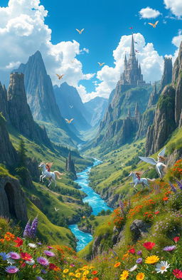 A breathtaking fantasy world filled with towering mystical mountains, lush green valleys, and vibrant, colorful flowers