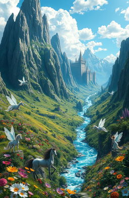 A breathtaking fantasy world filled with towering mystical mountains, lush green valleys, and vibrant, colorful flowers