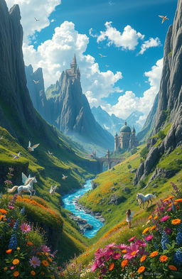 A breathtaking fantasy world filled with towering mystical mountains, lush green valleys, and vibrant, colorful flowers