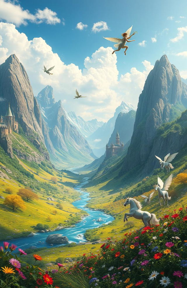 A breathtaking fantasy world filled with towering mystical mountains, lush green valleys, and vibrant, colorful flowers