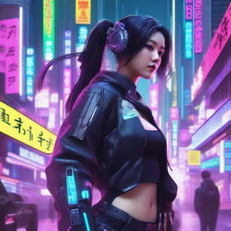 A beautiful Korean girl in sleek, high-tech cyberpunk gear, skillfully engaging in an intense battle amidst the neon-drenched, futuristic landscape of a Cybernetic Seoul