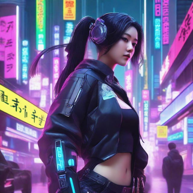 A beautiful Korean girl in sleek, high-tech cyberpunk gear, skillfully engaging in an intense battle amidst the neon-drenched, futuristic landscape of a Cybernetic Seoul