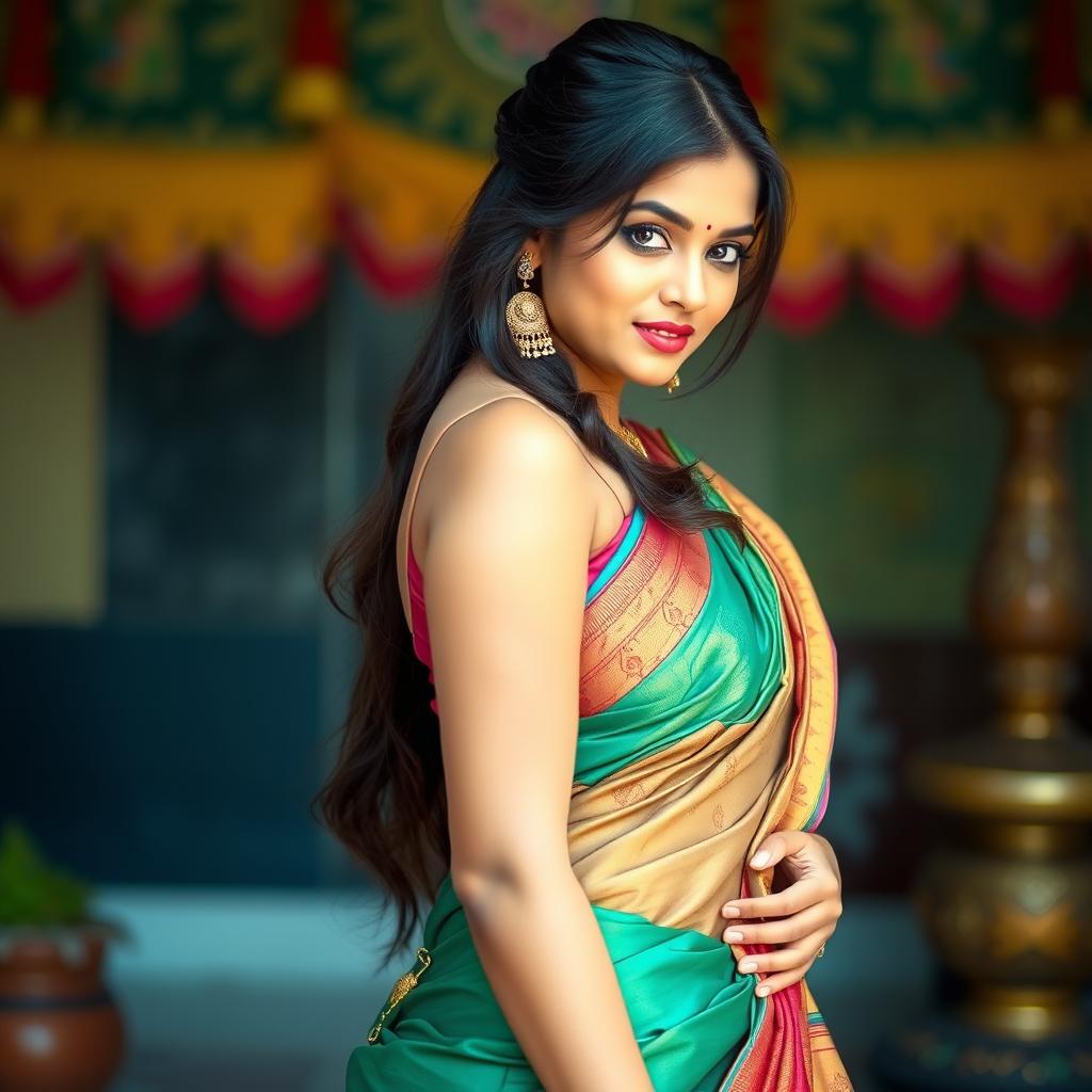 A stunning Tamil girl wearing a traditional saree and a blouse, striking a seductive side pose, showcasing her beautiful curves