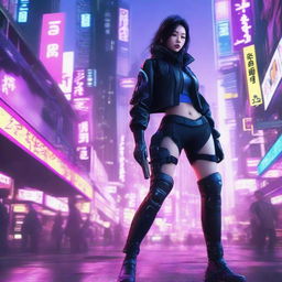 A beautiful Korean girl in sleek, high-tech cyberpunk gear, skillfully engaging in an intense battle amidst the neon-drenched, futuristic landscape of a Cybernetic Seoul