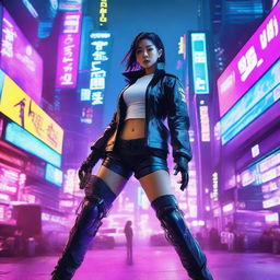 A beautiful Korean girl in sleek, high-tech cyberpunk gear, skillfully engaging in an intense battle amidst the neon-drenched, futuristic landscape of a Cybernetic Seoul