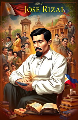 An artistic representation of the life of José Rizal, showing various key moments including his childhood in Calamba, his education in Europe, his writings like Noli Me Tangere, and his fight for Philippine independence