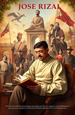 An artistic representation of the life of José Rizal, showing various key moments including his childhood in Calamba, his education in Europe, his writings like Noli Me Tangere, and his fight for Philippine independence