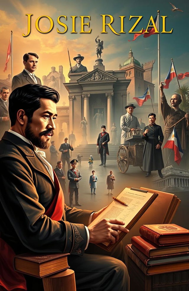 An artistic representation of the life of José Rizal, showing various key moments including his childhood in Calamba, his education in Europe, his writings like Noli Me Tangere, and his fight for Philippine independence