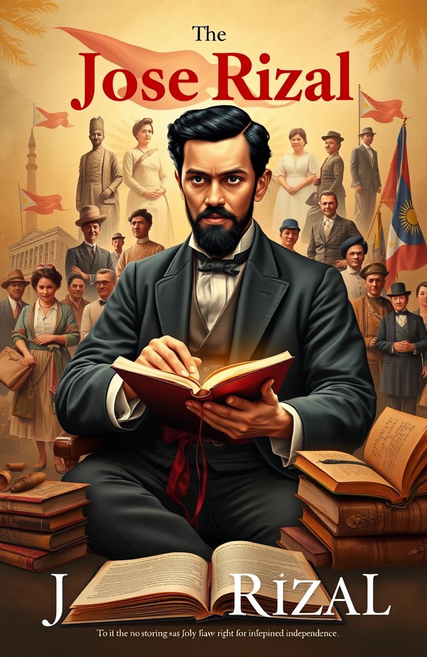 An artistic representation of the life of José Rizal, showing various key moments including his childhood in Calamba, his education in Europe, his writings like Noli Me Tangere, and his fight for Philippine independence