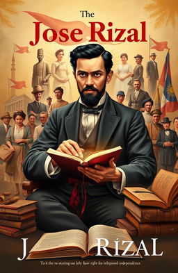 An artistic representation of the life of José Rizal, showing various key moments including his childhood in Calamba, his education in Europe, his writings like Noli Me Tangere, and his fight for Philippine independence