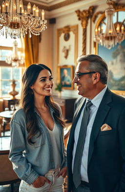 A scene depicting a beautiful, ordinary woman and a wealthy man in an elegant setting