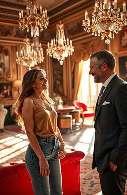 A scene depicting a beautiful, ordinary woman and a wealthy man in an elegant setting