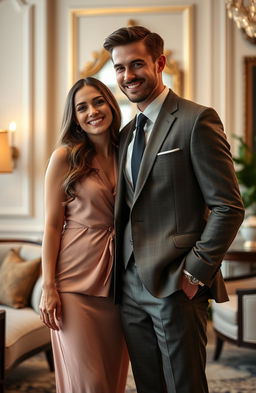 A beautiful ordinary woman and a handsome wealthy man, standing together in a luxurious setting, the woman in an elegant casual dress while the man wears a tailored suit, showcasing a subtle yet romantic connection between them
