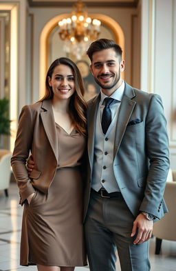 A beautiful ordinary woman and a handsome wealthy man, standing together in a luxurious setting, the woman in an elegant casual dress while the man wears a tailored suit, showcasing a subtle yet romantic connection between them