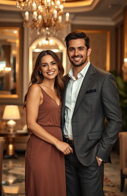 A beautiful ordinary woman and a handsome wealthy man, standing together in a luxurious setting, the woman in an elegant casual dress while the man wears a tailored suit, showcasing a subtle yet romantic connection between them